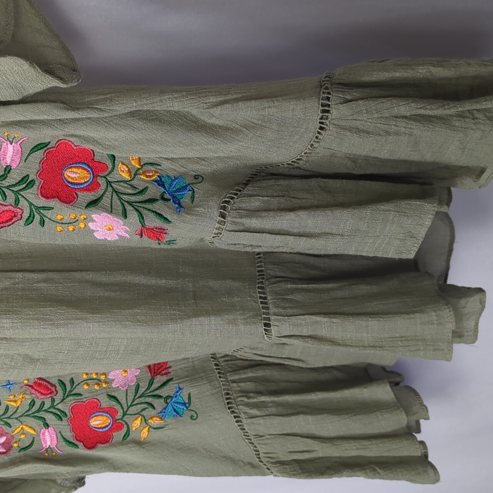UMGEE Women's Floral Embroidered Green Boho Ruffle Top Large - Picture 3 of 5